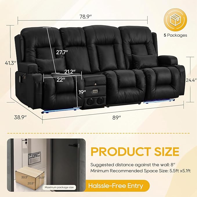 IPKIG 89" Power Reclining Loveseat Sofa, Electric Home Theater Seating with Console/4 Colors Ambient Lighting/Bluetooth Speakers/USB Ports/Built-in Outlets (Black, 3-Seater with Console)