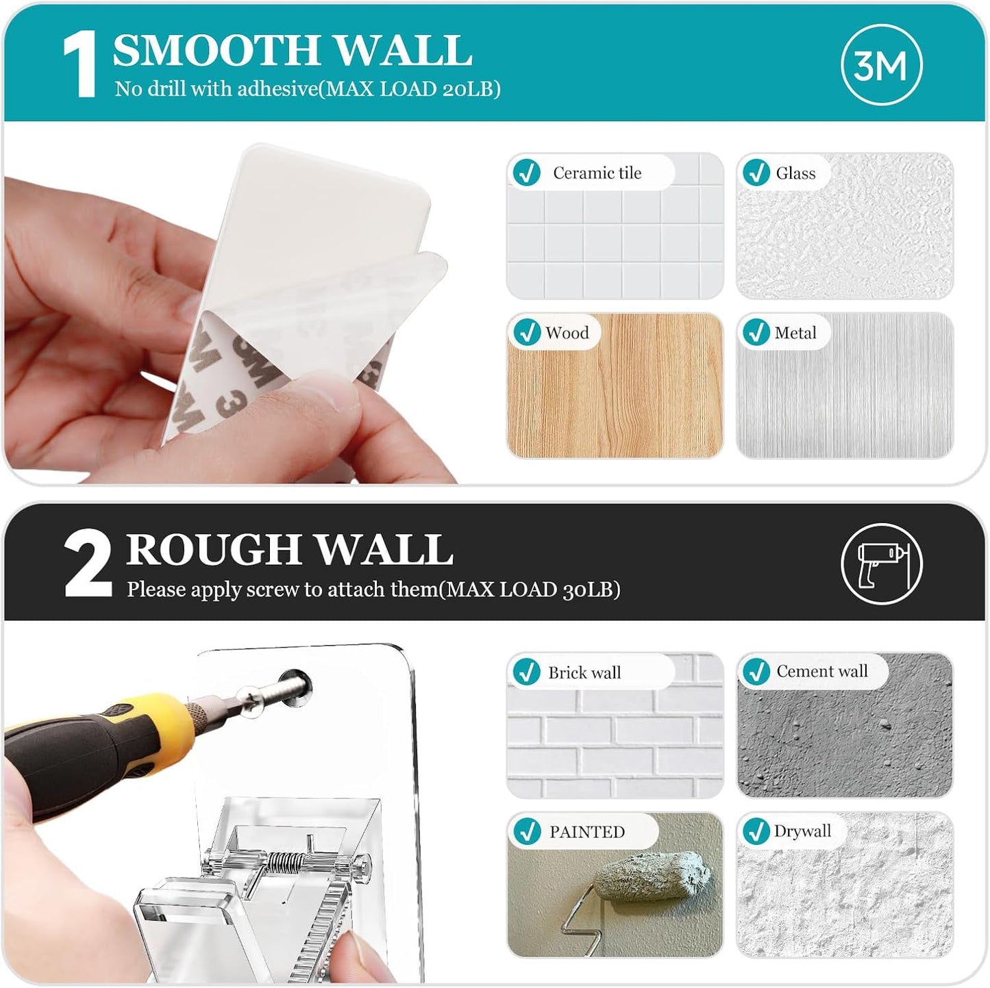 Adhesive No Drill Curtain Rod Brackets - Heavy Duty 30LB Holders for Bathroom Bedroom Kitchen, Universal Damage-Free Window Rod Hooks with Nail-Free Installation (8PC Transparent)