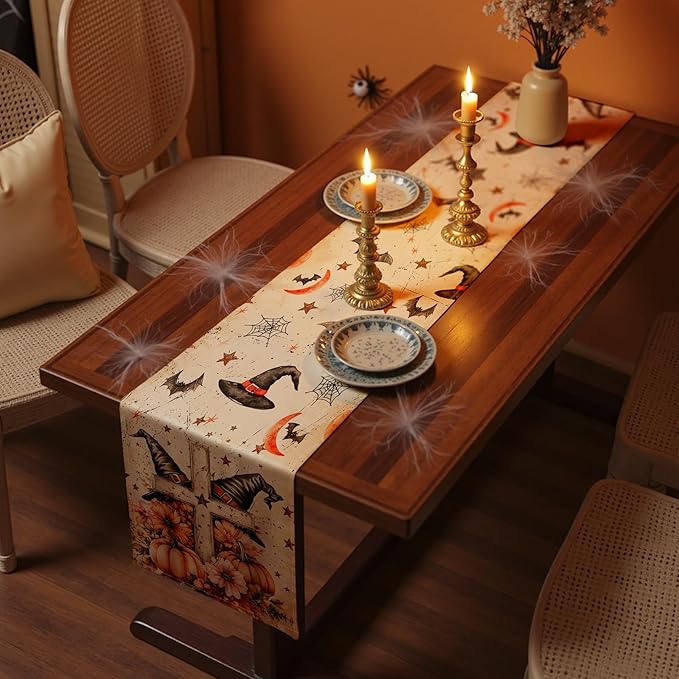 Halloween Table Runner with Black Cats, Bats & Pumpkins, Table Decoration for Dining Party and Home Decor,96x13 inches