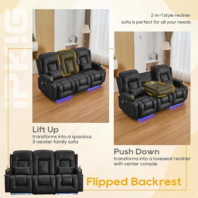 IPKIG 76.8" Power Reclining Sofa, Electric Home Theater Seating with Flipped Middle Backrest/LED Lighting/USB Ports/Built-in Outlets, Dual Recliner Sofa 3 Seater for Living Room RV (Black)