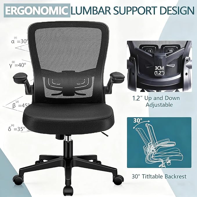 Desk Chairs with Wheels, Ergonomic Mesh Office Chair Adjustable Height and Swivel Lumbar Support Home Office Chair with Flip Up Armrests, Set of 4