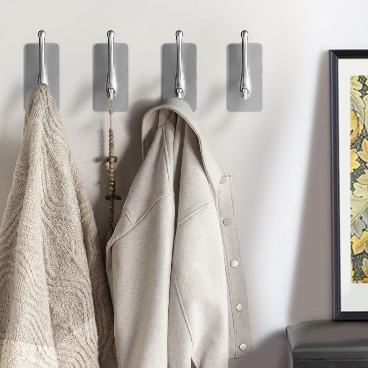 Towel Hooks, Solid Alloy Adhesive Wall Hooks for Hanging, Towel Hooks for Bathroom, RV, Kitchen, Closets, etc (Silver, 4 Pack)