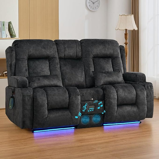 IPKIG 67" Power Reclining Loveseat Sofa, Electric Home Theater Seating with Console/4 Colors Ambient Lighting/Bluetooth Speakers/USB Ports/Built-in Outlets (Grey, Loveseat Recliner)