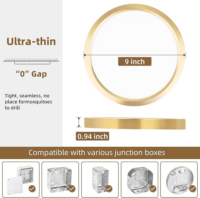 Hlite 4pack 9 Inch Flush Mount LED Ceiling Light Fixture,18W 1800LM Super Slim Light Fixtures Ceiling Mount 3000K/4000K/5000K 3CCT Selectable,Light Fixtures for Kitchen,Bedroom (Gold)