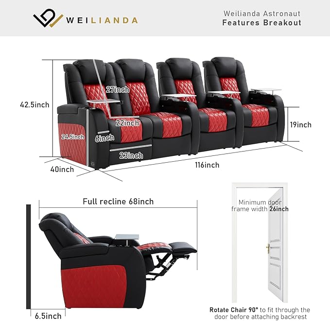 Home Theater Seating, Top Grain Leather Movie Seats Recliner Chair, Zero Gravity Reclining Gaming Sofa with Power Headrest 7 Colors Ambient Lighting 4 Seats Loveseat Left Black Dark Red