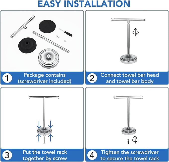 RUMOSE 13 Inch Polished Chrome Towel Stand Hand Towel Holder Bathroom Kitchen Vanity Countertop T-Shape Towel Rack Free Standing Stainless Steel Towel Bar Towel Ring