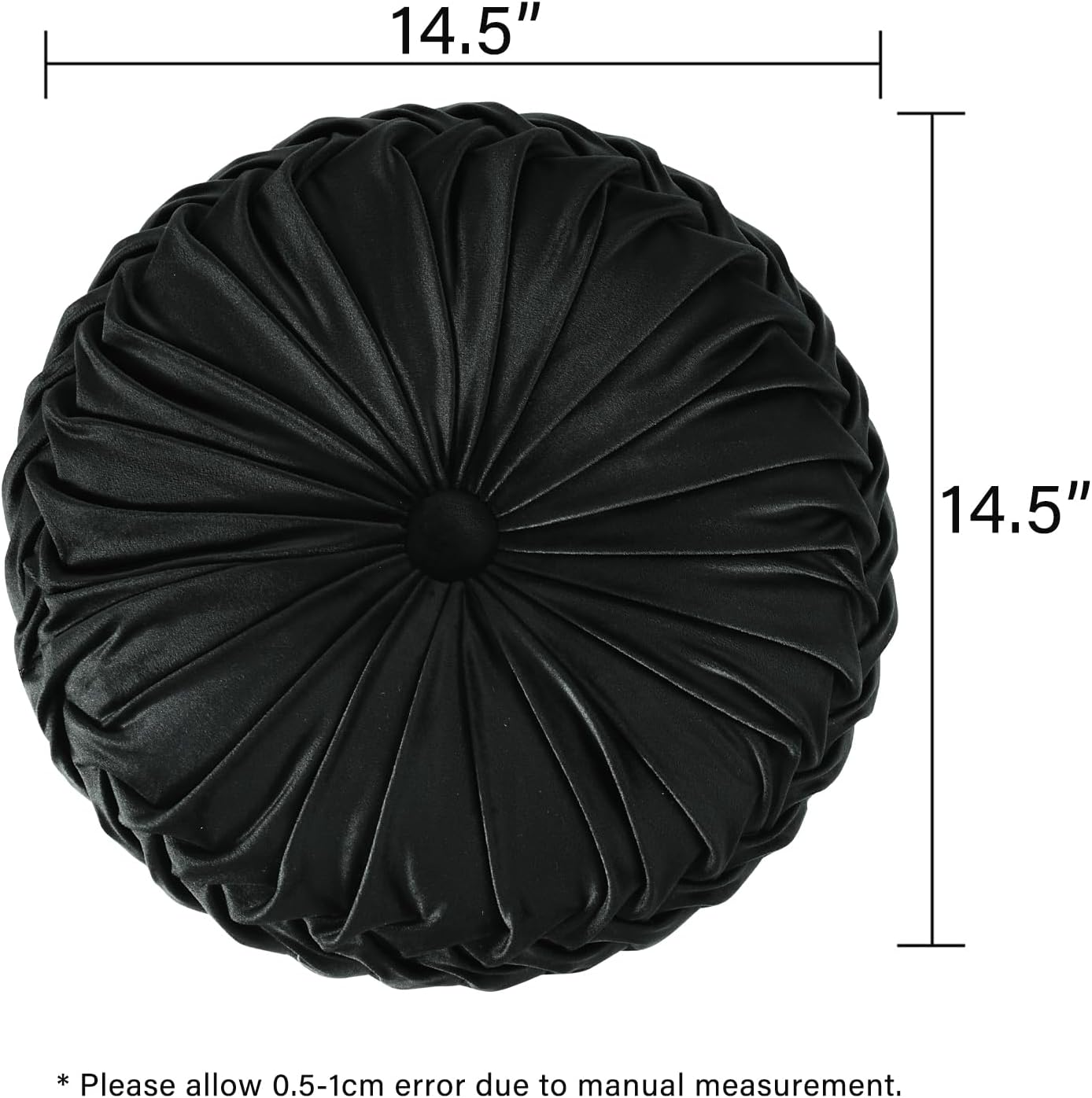 HIG Set of 2 Decorative Round Pleated Throw Pillows, Classy Accent Pumpkin Throw Pillows with Center Button, Vintage Velvet Floor Pillows for Sofa Vanity Chair Bed, Black, 14.5" Diameter(Ripple)