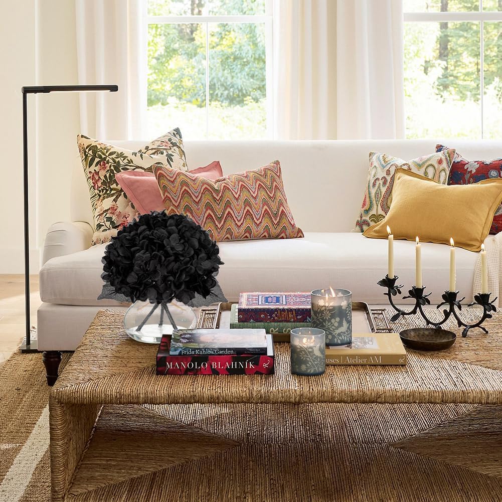 Hollyone Hydrangea Fall Flowers Artificial for Decoration with Glass Vase Black Silk Faux Flowers Arrangements in Vase with Faux Water Fake Floral Bouquet Table Centerpiece Fall Decorations for Home