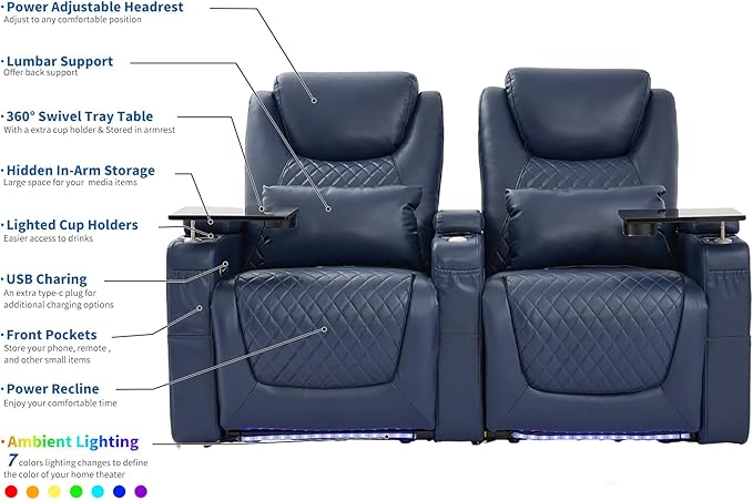 Home Theater Seating Seats, Theater Recliner Chair Sofa Game Movie Theater Chairs with 7 Colors Ambient Lighting, Lumbar Pillow, Side Pocket, Tray Table, Power Recline,Blue
