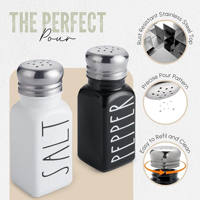 Salt and Pepper Shakers Set by Brighter Barns - Cute Modern Farmhouse Kitchen Decor for Home Restaurants Wedding - Gorgeous Vintage Glass Black White Shaker Sets with Stainless Steel Lids