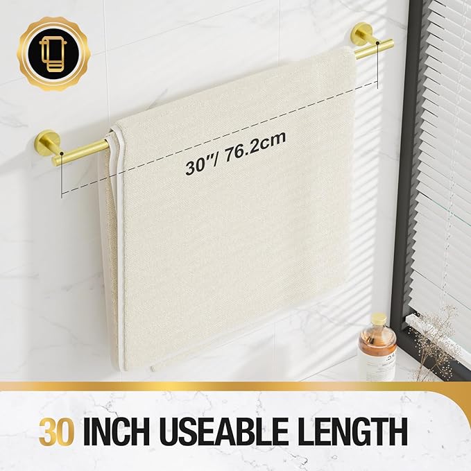 HITSLAM Gold 31.6 Inch Towel Bar for Bathroom, SUS304 Stainless Steel Bathroom Towel Rack Wall Mounted, Modern Home Decor Bath Towel Holder with Hardware Accessories
