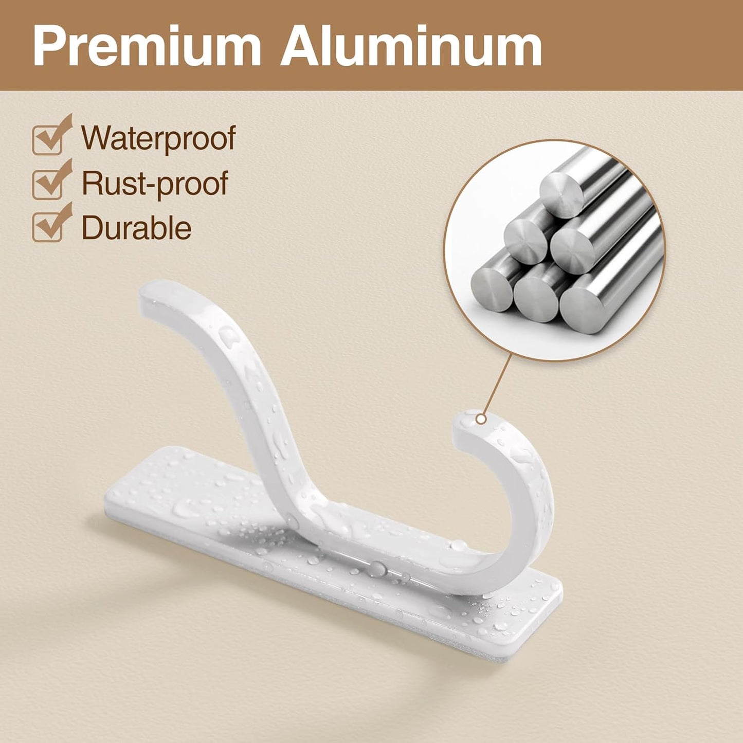 Self Adhesive Wall Hooks for Hanging - 6 Pack Stick On Holds 13 LB, Door Hooks for Towels, Coats, Purse, Jackets, Bags, Hangers for Shower, Dorm, RV, Bathroom, Kitchen - Stainless, Metal, White