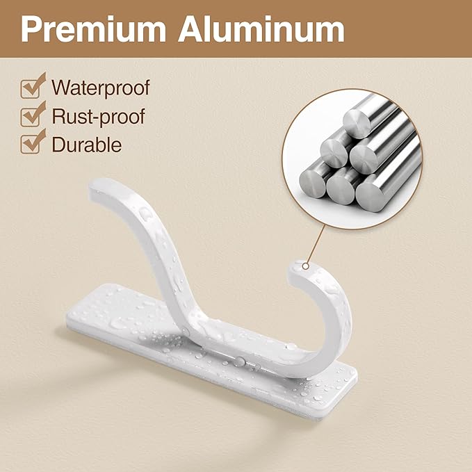 Self Adhesive Wall Hooks for Hanging - 13 LB Strong Hold, Sticky Hangers for Coat, Towel, Purse, Keys, Bag - for Wall, Door, Bathroom, Shower, Kitchen - Stainless Metal, White, 4 Pack