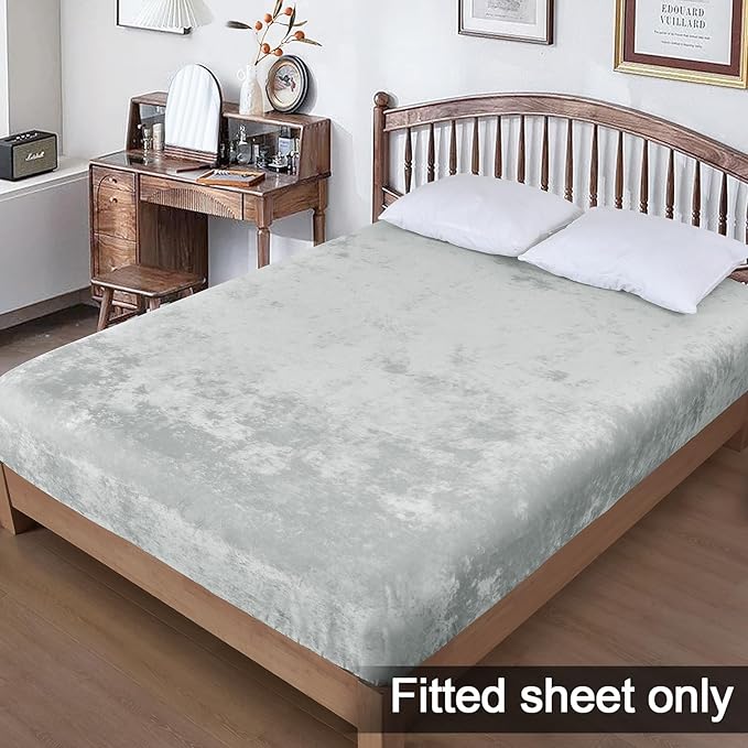 PHF Truly Velvet Fitted Sheet Only Queen Size, Luxury Super Soft Cozy Fuzzy Fleece Bottom Sheet, Deep Pocket Up to 16",Strenghth Elastic Band,Suitable for Fall Winter Spring,No Pillowcases,Sliver Grey