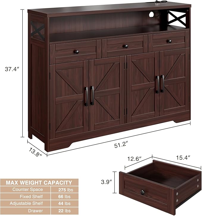 51" Dark Brown Buffet Sideboard Cabinet, Farmhouse Storage Cabinet Kitchen Pantry with Shelf and Drawers, Wood Cupboard Hutch Cabinet, Coffee Bar Station Table for Kitchen, Living Room, Dining Room