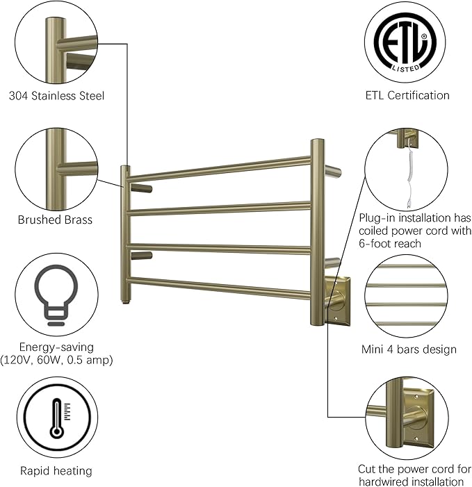 HEATGENE Towel Warmer 4 Bar Towel Dryer Wall-Mounted Plug-in Bath Towel Heater - Brushed Brass