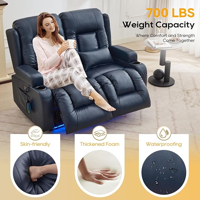 IPKIG 54" Power Loveseat Recliner Sofa, Electric Home Theater Seating with Massage Heat/4 Colors Ambient Lights/USB Port/Side Pocket/Cup Holder for Living Room, Bedroom, Home (Blue, 2 Seater)
