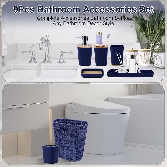 Navy Blue Bathroom Accessories Set with Wicker Trash Can, Navy Blue Bathroom Accessories Set Bathroom Sets Small Waste Basket Bathroom Trash Can for Bedroom Bathroom