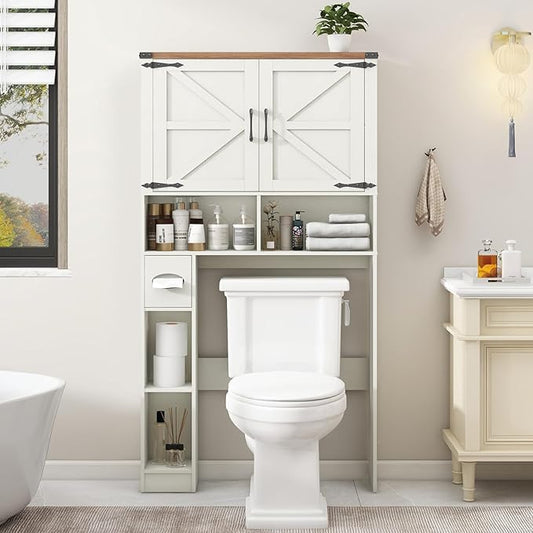 Over The Toilet Storage Cabinet, Farmhouse Storage Cabinet Over Toilet with 2 Barn Doors && Toilet Paper Holder Stand，Home Space-Saving Toilet Rack, for Laundry, Restroom, Bathroom