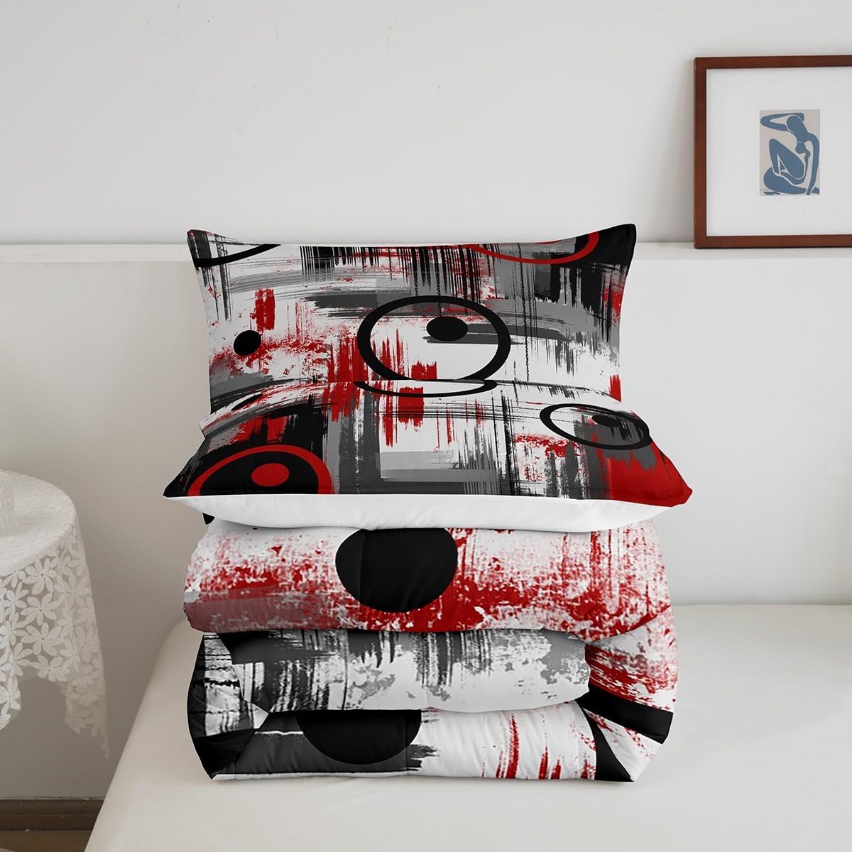 Kids Abstract Comforter Set Full Size Modern Art Bedding Set for Boys Girls Teens Bedroom Decor Geometric Comforter Women Men Geometry Red Black Duvet Set with 2 Pillow Case