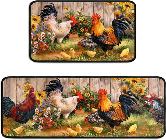 Rooster Kitchen Rugs 2 Piece Set Sunflower Decor Kitchen Floor Mat, Microfiber Washable Runner Rugs, Farmhouse Chicken Decorations Kitchen Mats,17"x47"+17"x30"