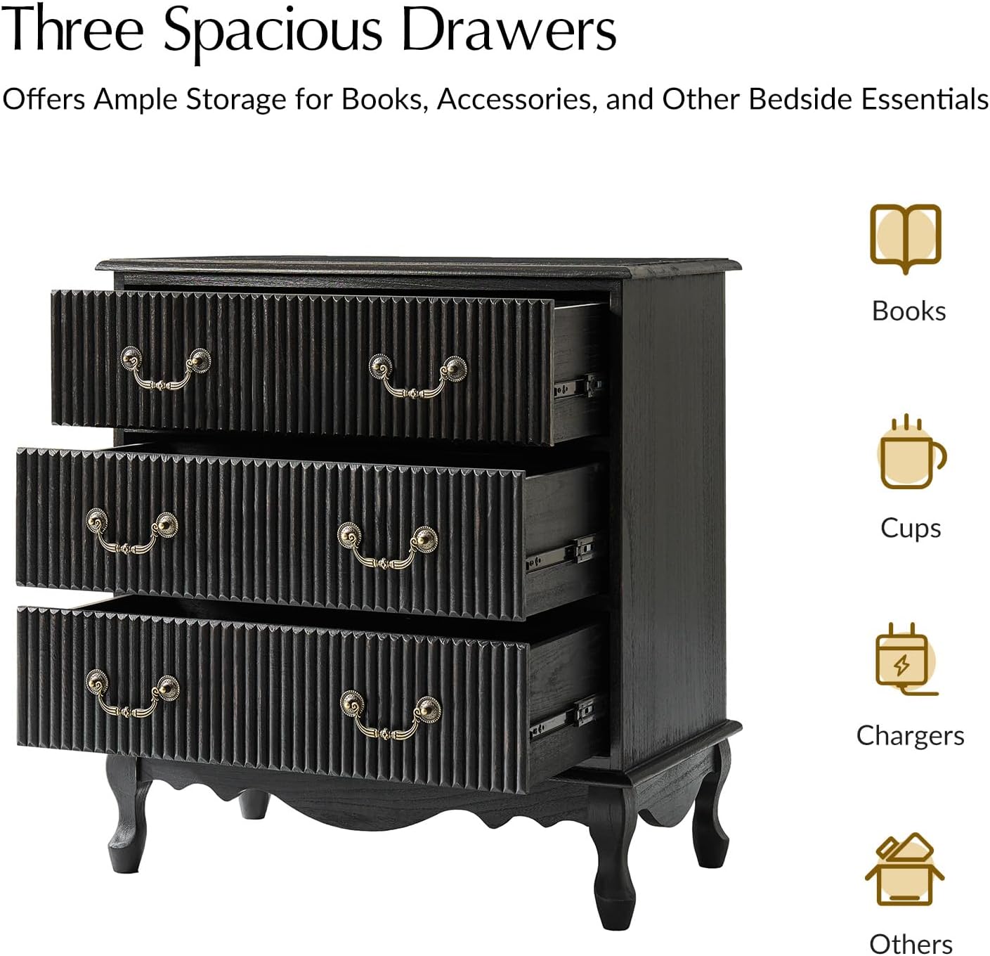 HULALA HOME Transitional Nightstand Set of 2 with 3 Drawers and Charging Station, 28" Solid Paulownia Wood Nightstand with Fluted Front Design, Charcoal