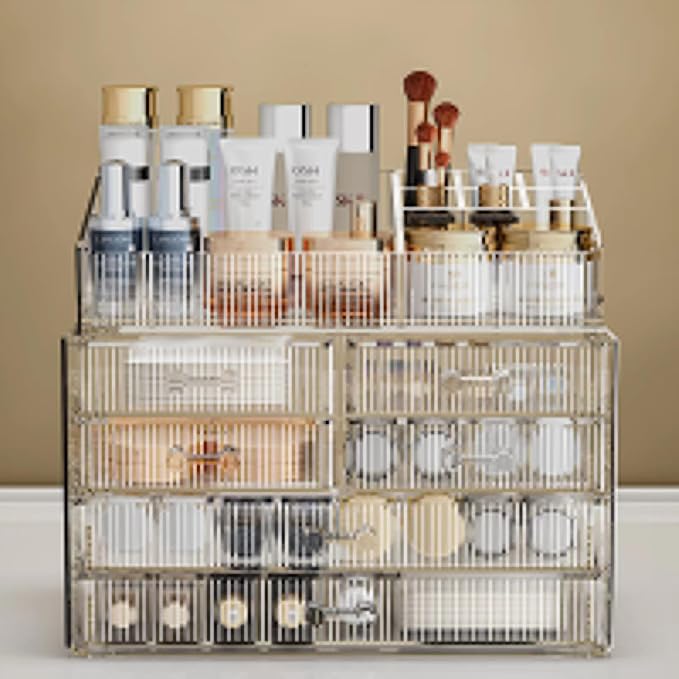 ZHIAI Stackable Storage Drawers, Acrylic Bathroom Counter Organizer Clear Makeup Organizers for Vanity, Kitchen Cabinets, Bathroom, Undersink, Home Organization and Storage (1 Top 6 Drawers)