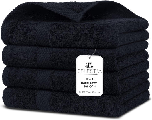 100% Cotton Hand Towel Set of 4, (16 x 28 inches) Sustainable, Soft, Highly Absorbent, Quick Drying, Combed Cotton Hand Towels Pack of 4 Ideal for Hotels, Spa, Bathroom, Dorm, Black