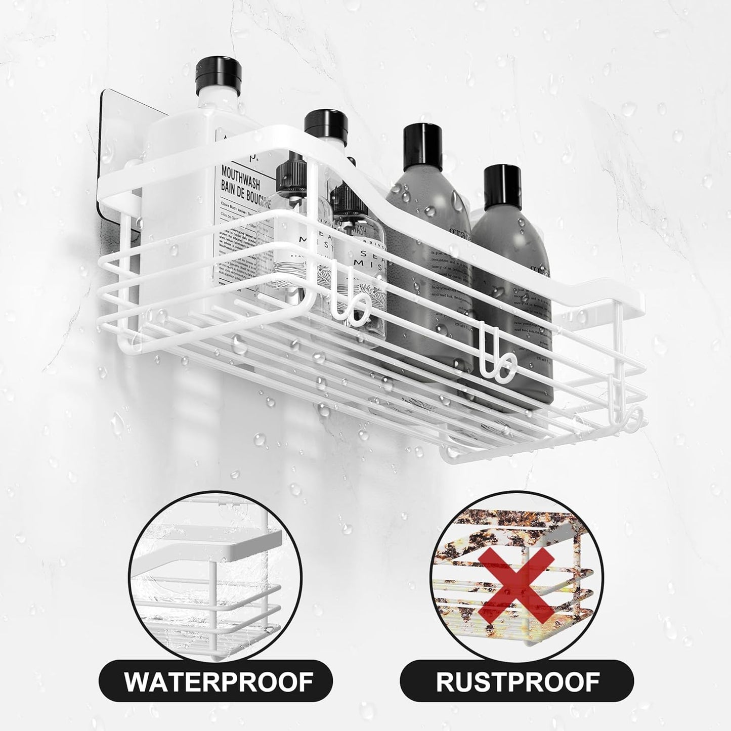 Orimade Shower Caddy Basket Shelf Storage Rack, No Drilling Wall Mounted Adhesive Rust Proof Stainless Steel Shower Organizer with 5 Hooks for Bathroom, White 2 Pack