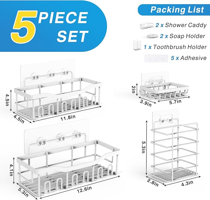 5-Pack Rustproof Stainless Steel Shower Caddy Set– No Drill Adhesive Bathroom Organizer, Space-Saving Shower Shelves for Apartment Essentials, Bathroom/Kitchen Storage Home Decor-L Size