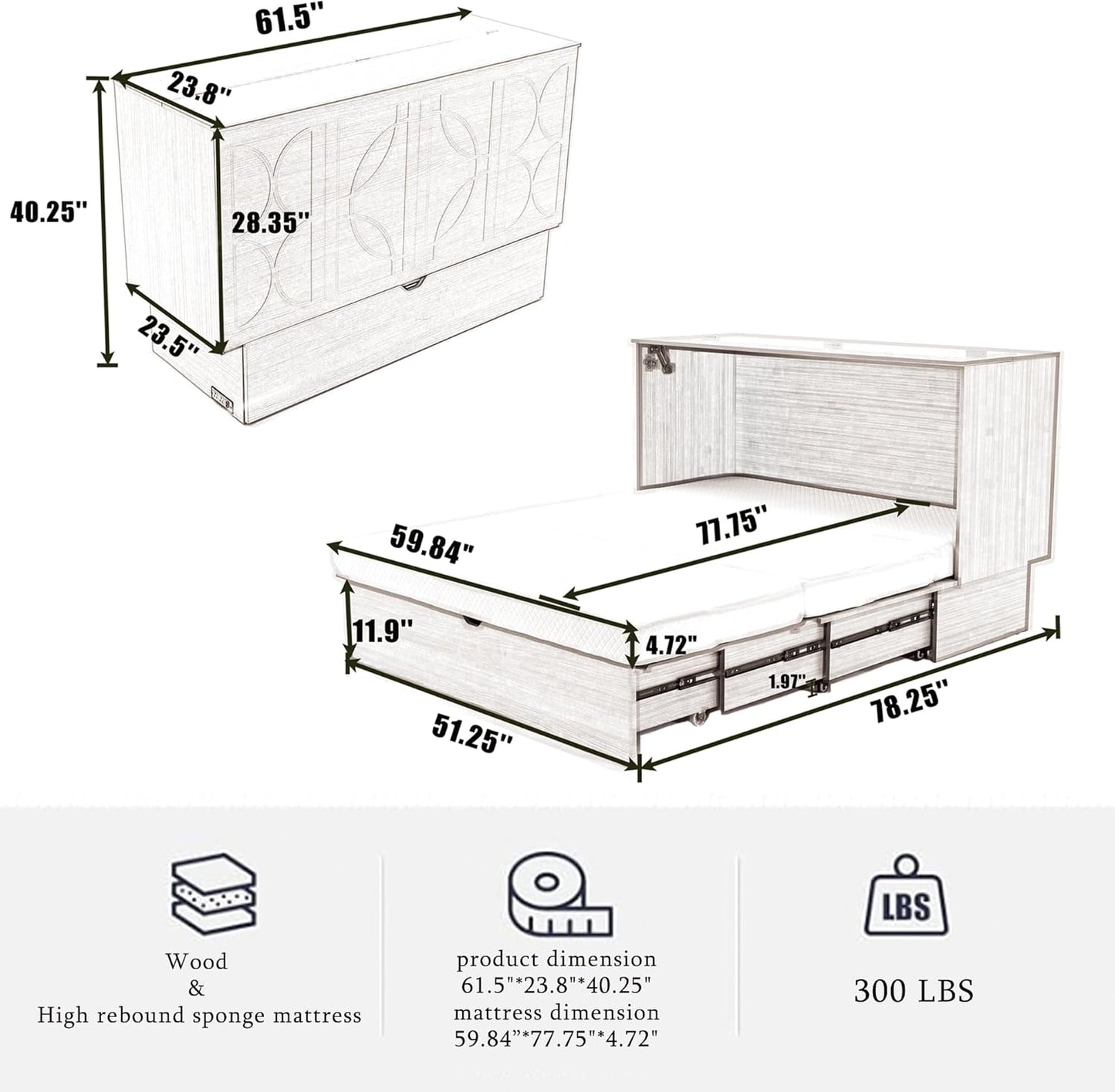 KEIKI Queen Murphy Bed with Storage, Folding Foam Mattress, Oversized Drawers, USB Ports & AC Outlets, Space-Saving Cabinet Bed, White