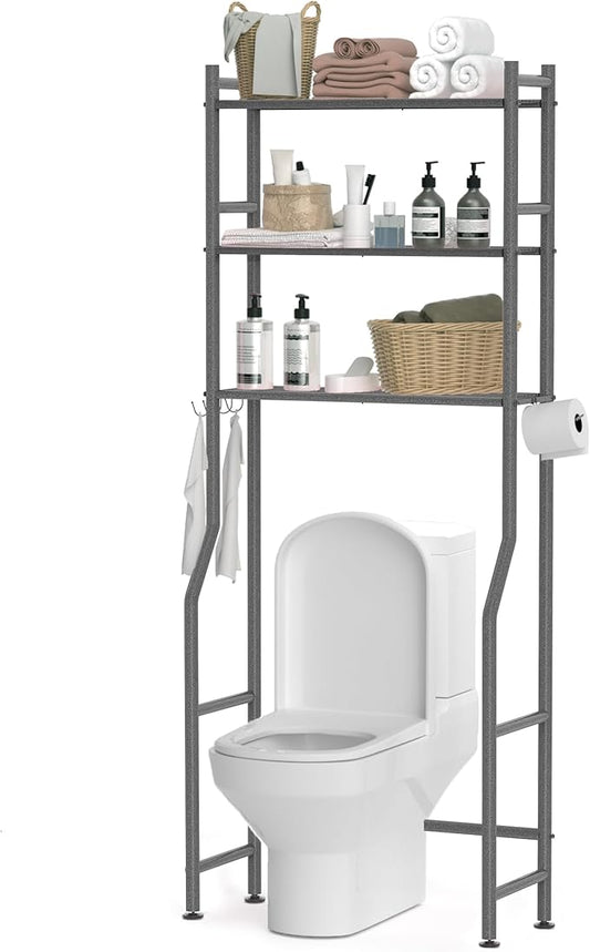 3 Tier Over The Toilet Storage Rack with 2 Basket, Metal Freestanding Bathroom Shelves Toilet with Paper Holder and 4 Hooks, Over Toilet Storage Shelf for Bathroom Storage, Snow Black