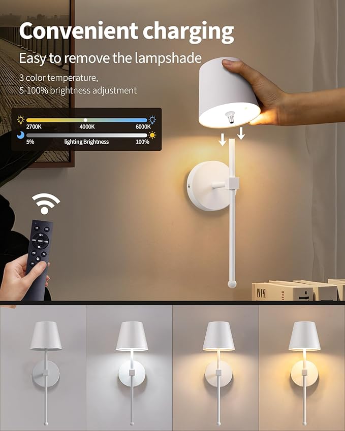 KDG Wireless Wall Sconces Set of 2, Small Cordless 5200mAh Rechargeable Battery LED Wall Lamps, Stepless Dimming Lightings for Wall Painting, Living Room, Bedroom, Hallway, Gifts, Night Light (White)
