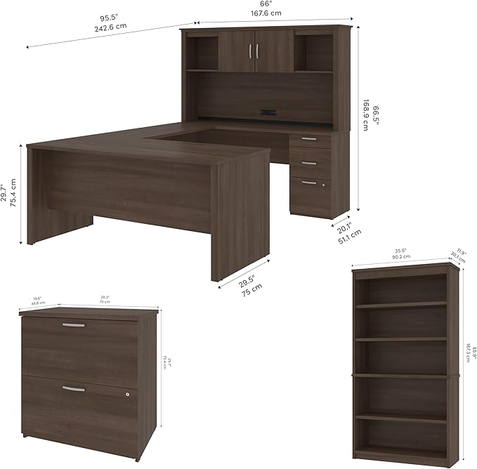Bestar Logan 66W U-Shaped Desk with Hutch, Lateral File Cabinet, and Bookcase in Antigua