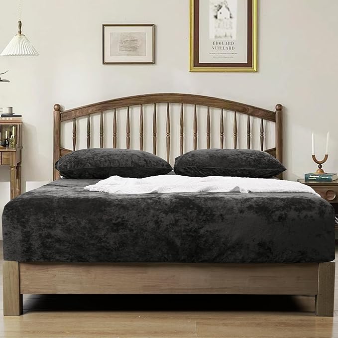 PHF Truly Velvet Fitted Sheet Only King Size, Luxury Super Soft Cozy Fuzzy Flannel Bottom Sheet, Deep Pocket Up to 16",Strenghth Elastic Band,Suitable for Fall Winter Spring, No Pillowcases, Black