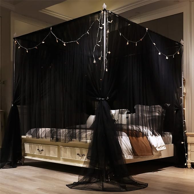 VETHIN 4 Corners Post Princess Bed Canopy Curtain Double Layer Cozy Drape Netting 4 Opening Mosquito Net for Girls & Adults Bedroom Decoration Accessories (Double Black, 59" W*82" L*82"*H/(Queen))