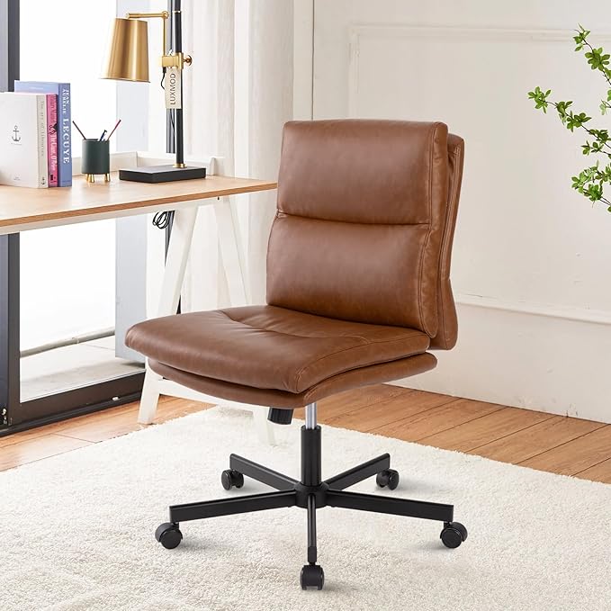 LUCKWIND Armless Office Desk Chair with Wheels, Mid-Back Criss Cross Swivel Task Chair, Height Adjustable Cushioned Vanity Chair, Double Padded PU-Leather Chairs for Home, Office & Bedroom (Brown)
