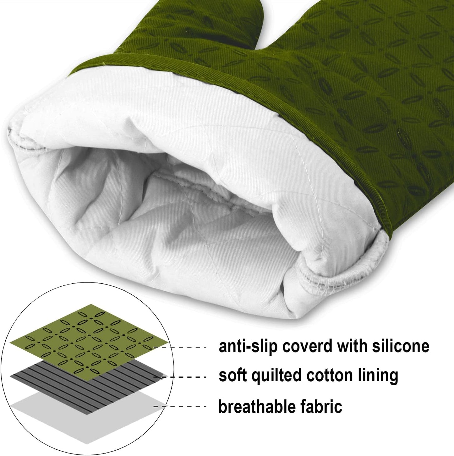 KEGOUU Oven Mitts and Pot Holders 6pcs Set, Kitchen Oven Glove High Heat Resistant 500 Degree Extra Long Oven Mitts and Potholder with Non-Slip Silicone Surface for Cooking (Olive Drab)