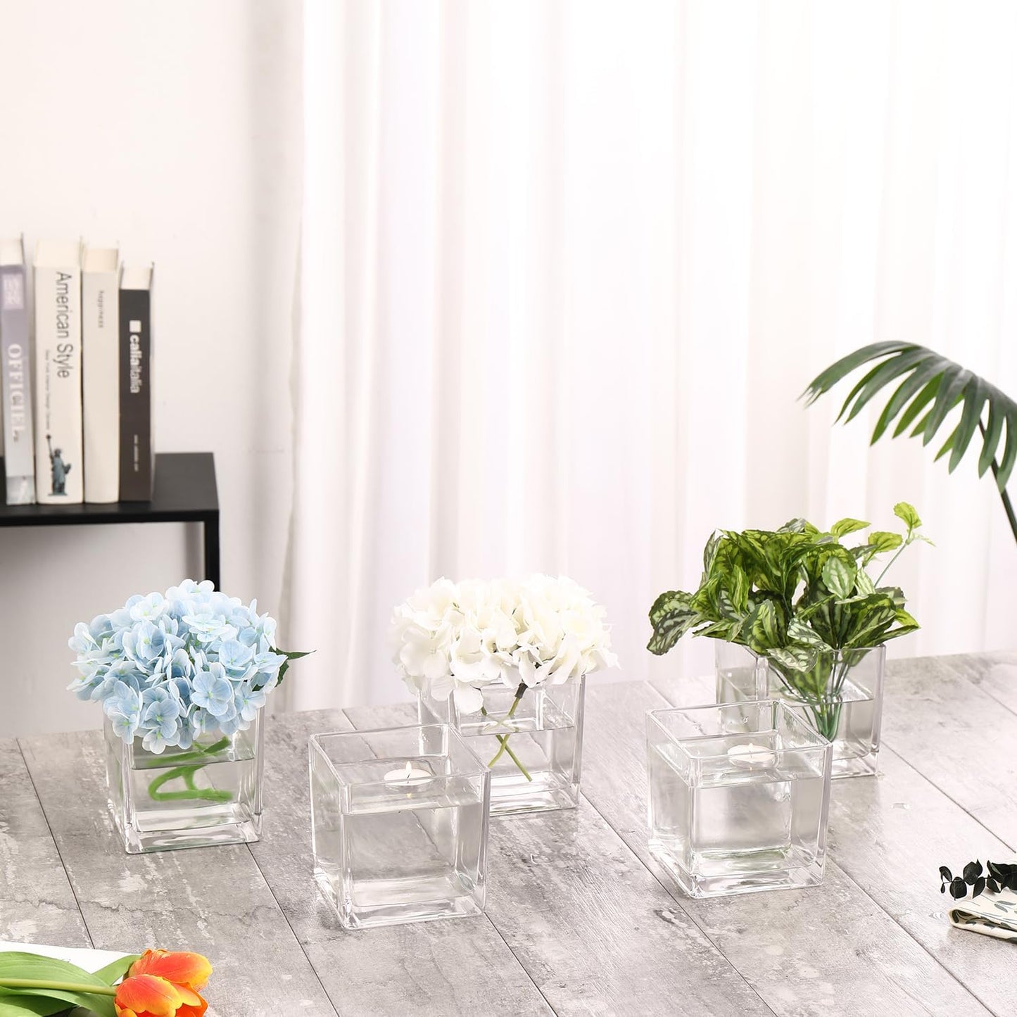 Square Glass Vases Set of 4, 4"x 4"x 4" Flower Vases for Centerpieces, Clear Glass Vase for Flowers, Small Vase for Wedding, Party, Home Office Decoration