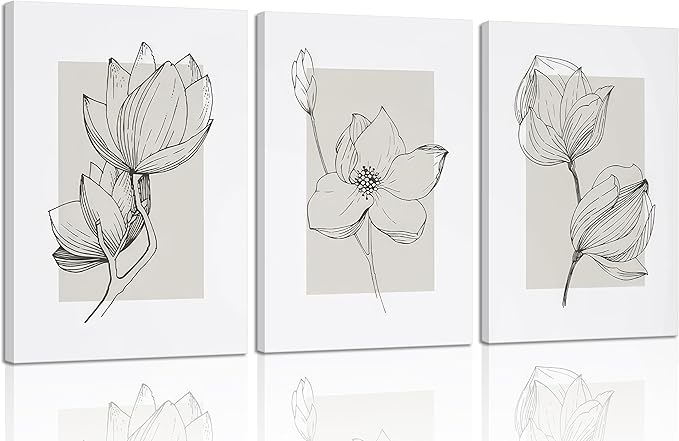 3Pcs Neutral Botanical Canvas Wall Art Beige Simple floral Painting Pictures Wall Decor Vintage Line flower Poster Print Artwork for Living Room Bedroom Bathroom Scene Home Decoration