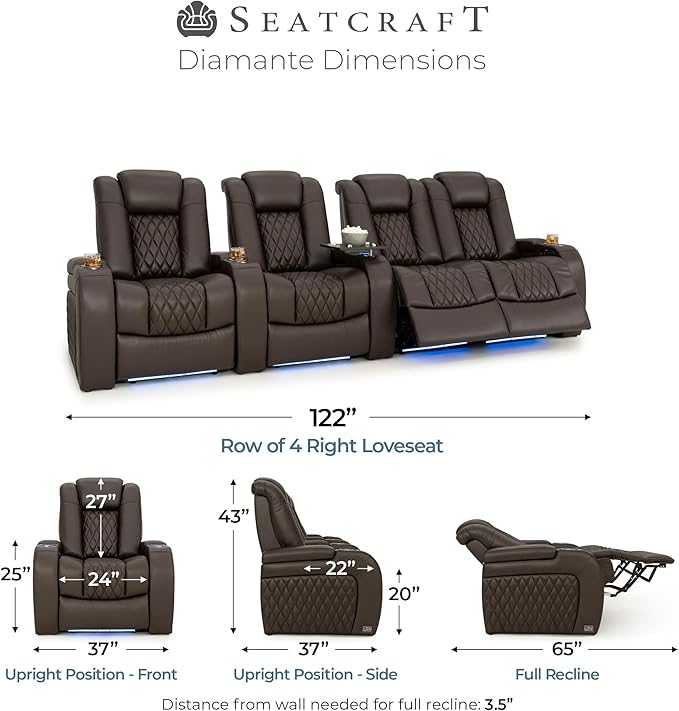 Seatcraft Diamante Zero-Gravity CoolZero Italian Leather Home Theater Seating, Power Headrest, Power Recline, Row of 4 Right Loveseat, Brown