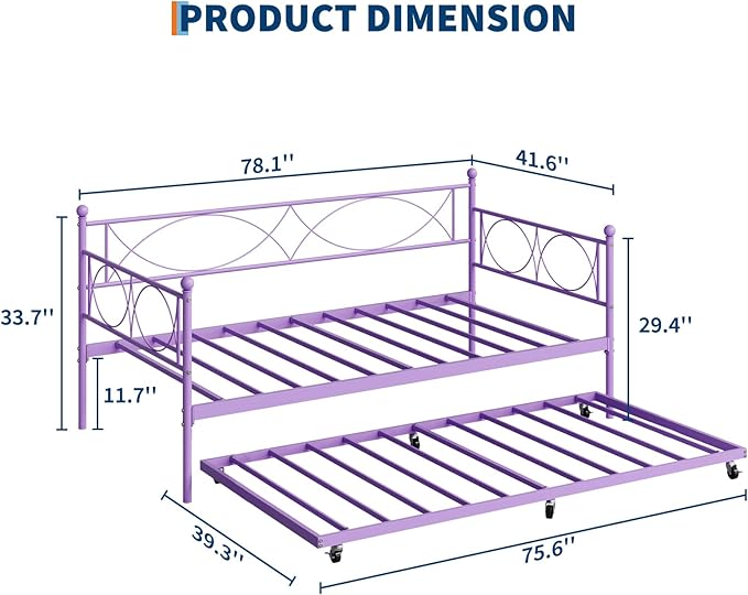 IDEALHOUSE Twin daybed with Trundle, Metal Twin Daybed and Trundle Set, Day Bed Sofa Bed Frame with Steel Slat Support, Multifunctional Daybed Frame for Bedroom (Purple Sets)