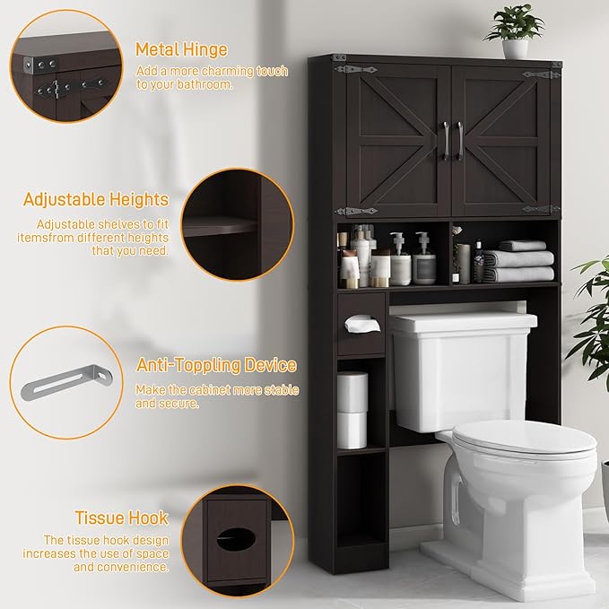 Over The Toilet Storage Cabinet, Farmhouse Storage Cabinet Over Toilet with Barn Doors & Toilet Paper Holder Stand，Home Space-Saving Toilet Rack, for Laundry, Bathroom, Restroom(Espresso).