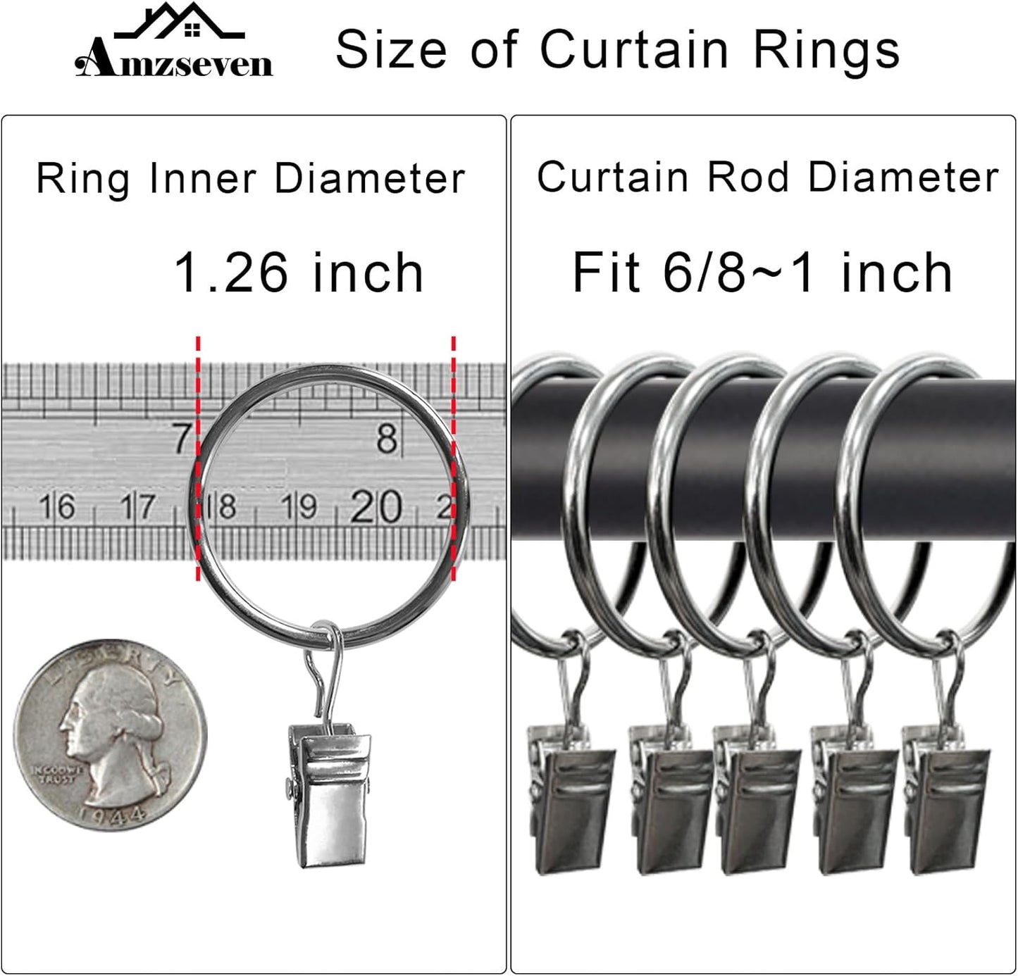 100 Pack Curtain Rings with Clips, Drapery Clips with Rings, Drapes Rings 1.26 in Interior Diameter, Fits up to 1 Inch Curtain Rod, Silver