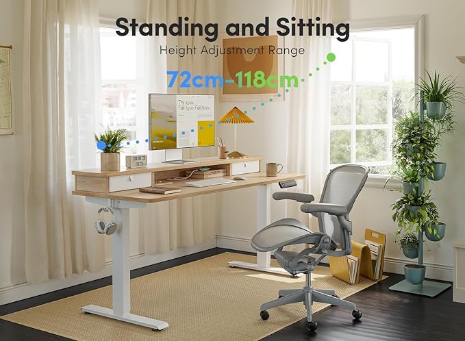 FEZIBO 40 x 24 Inch Height Adjustable Electric Standing Desk with Double Drawer, Computer Desk, Home Office Stand Up Table with 4 Height-Adjustable Feets & 2 Hooks, Light Rustic