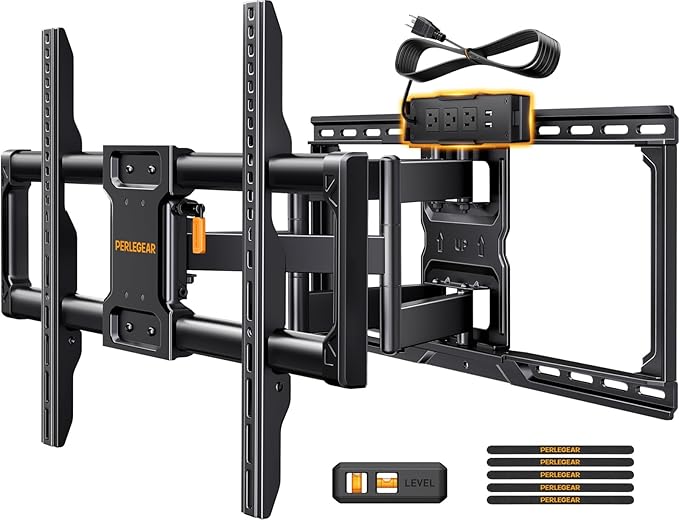 Perlegear Full Motion TV Wall Mount with Power Strip for 42–90 Inch TVs up to 150 lbs, Pre-Assembled TV Mount Has Smooth Swivel, Tilt, Extension, Max VESA 600x400mm, 12“/16”/24” Wood Studs, PGLF11