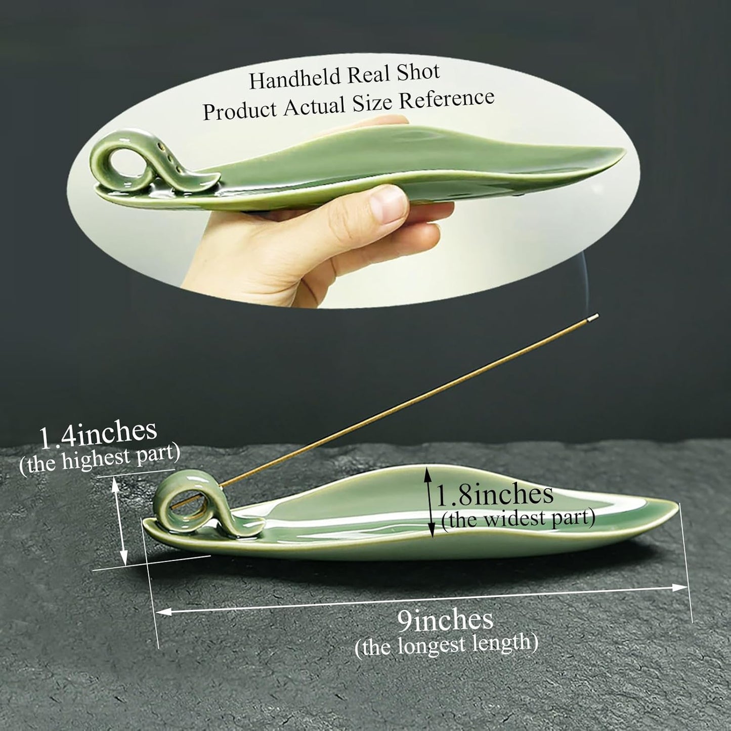 9" Length Incense Stick Holder with 3 Holes, White Porcelain Incense Tray Ash Cather for Spa, Meditation Room, Yoga, Home, Office (Green)