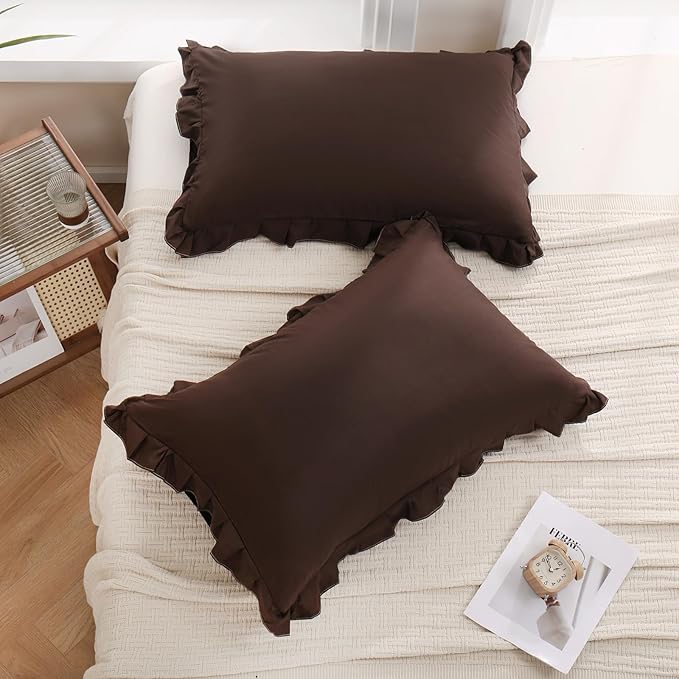 Merryword Dark Brown Pillow Shams Chocolate Queen Pillowcases Cute Pillow Cover Set of 2 Soft Shabby Chic Ruffled Pillowcases 2 Pack (Queen (20''x30''), Chocolate)