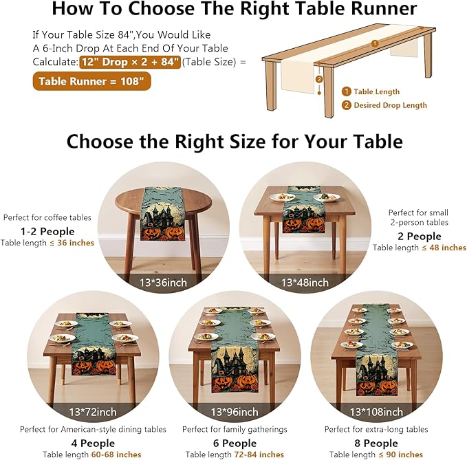Halloween Table Runner with Haunted Castles, Bats & Pumpkins, Table Decoration for Dining Party and Home Decor,108x13 inches