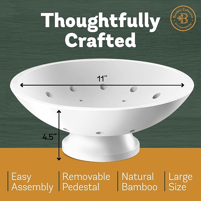 Bambüsi White Fruit Bowl - 11" Large Wooden Pedestal Bowl for Kitchen Counter & Dining Table Centerpiece, Premium Modern Bamboo Fruit Basket & Banana Holder for Fresh Produce, Bread & Home Decor